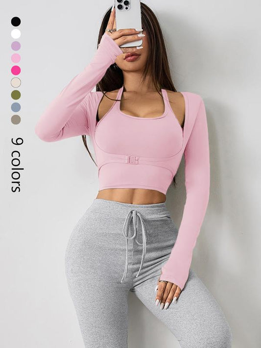 Women'S Solid Color Long Sleeve Thumb Hole Design Halter Neck 2 in 1 Sports Tee for Yoga Gym Workout, Ladies Sportswear for All Seasons